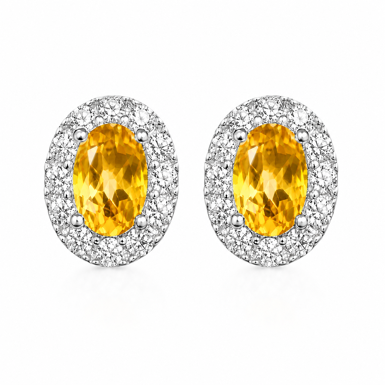 Oval natural citrine halo stud earrings 4x6mm top-down jewelry view