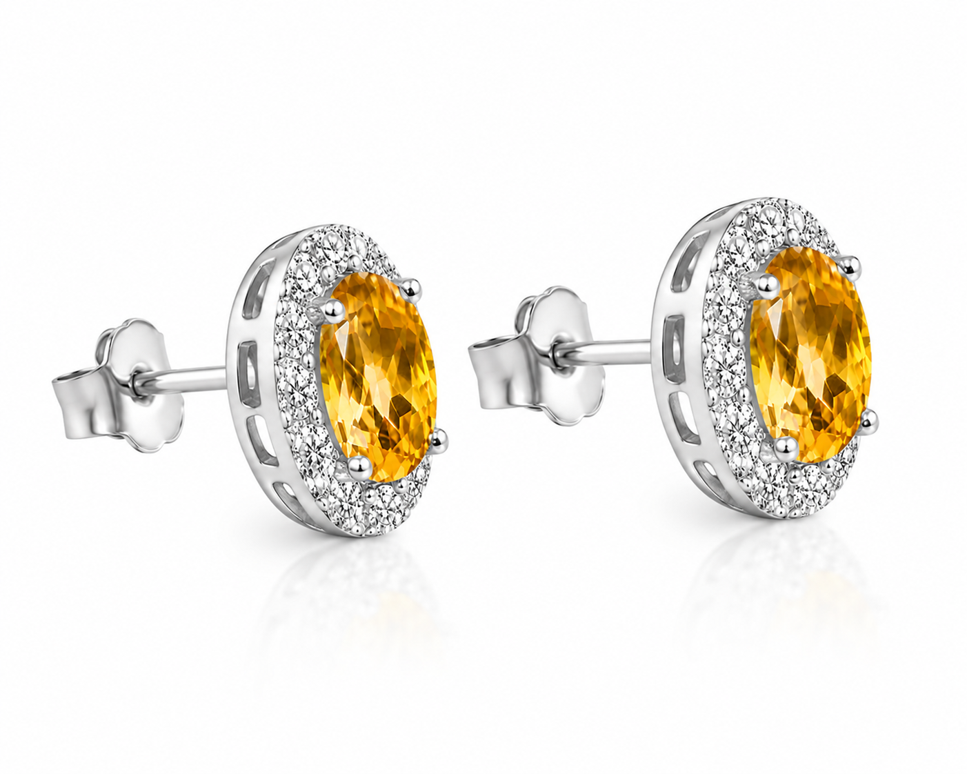 Natural citrine halo stud earrings side profile showing sterling silver setting