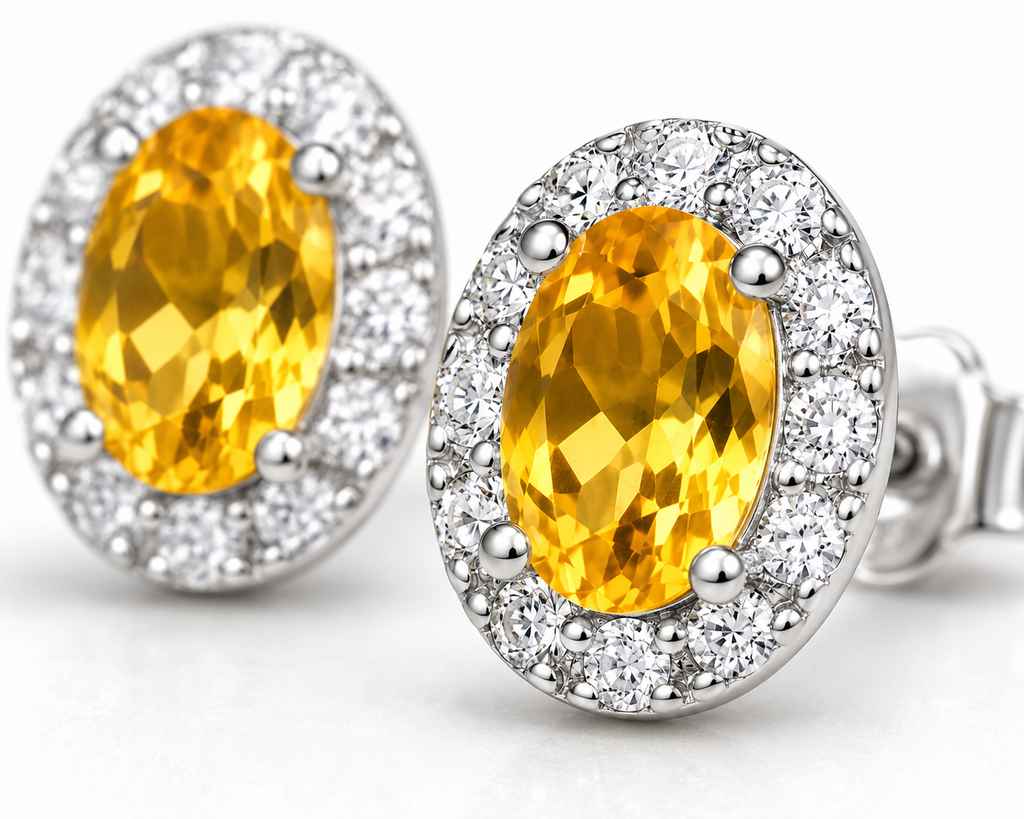 Macro close-up of natural golden citrine 4x6mm oval gemstone halo stud earring