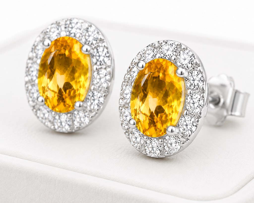 Natural citrine halo stud earrings displayed on luxury white jewelry tray