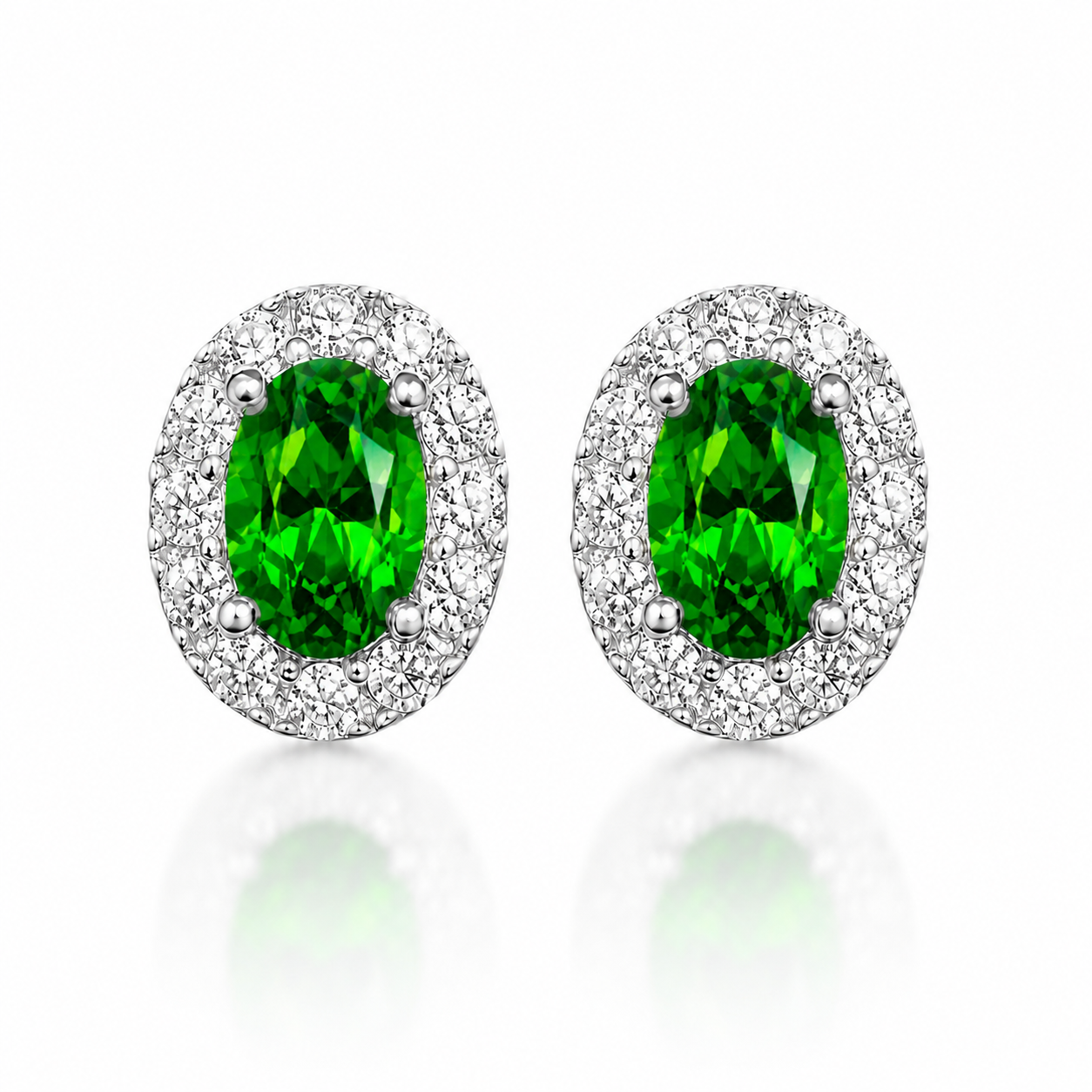 Natural 4x6mm oval chrome diopside halo stud earrings in 925 sterling silver