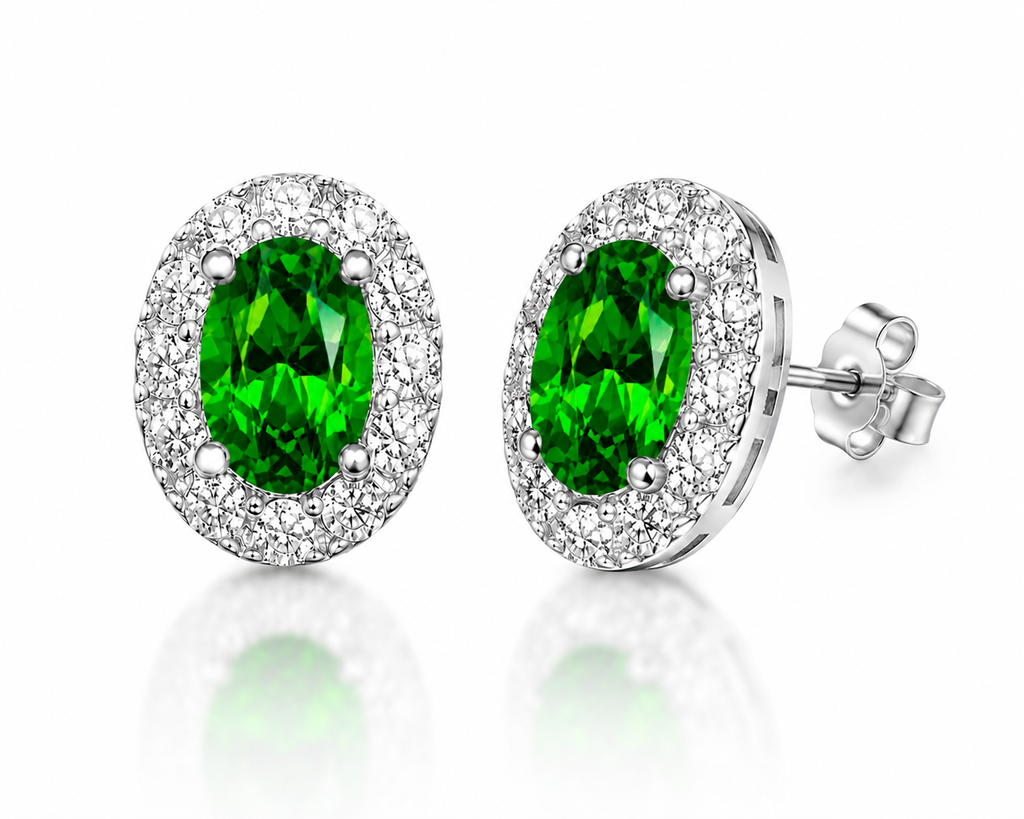 4x6mm natural chrome diopside earrings shown at a three-quarter angle