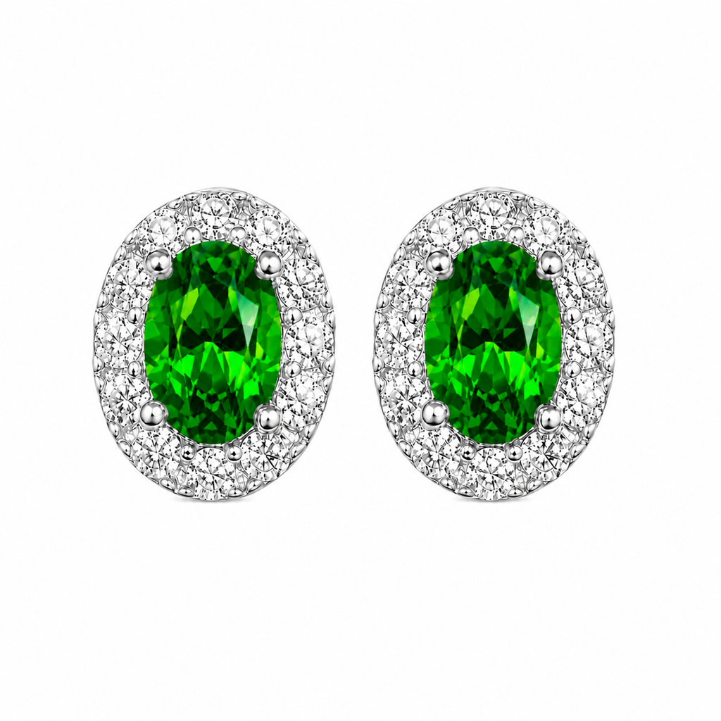 Top-down view of natural green chrome diopside oval halo stud earrings