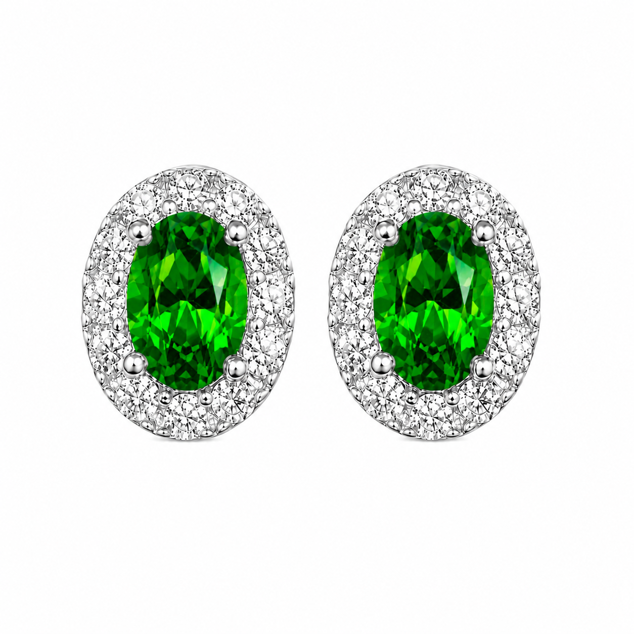 Top-down view of natural green chrome diopside oval halo stud earrings
