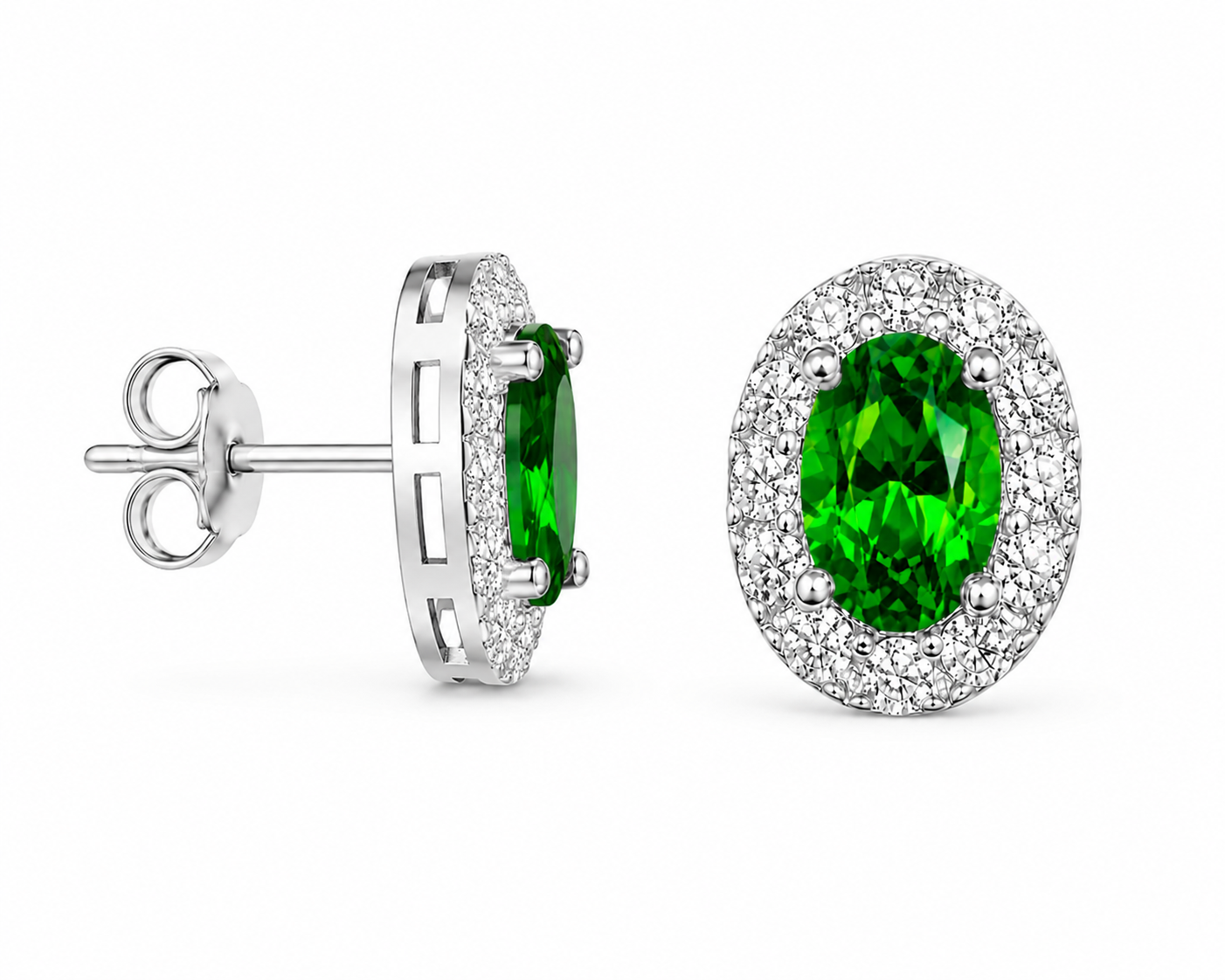 Side profile of 4x6mm chrome diopside halo earrings showing the stud setting