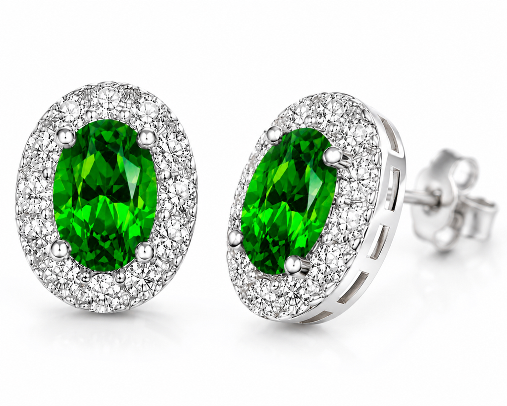 Macro close-up of natural chrome diopside earrings showing vivid green facets and CZ halo