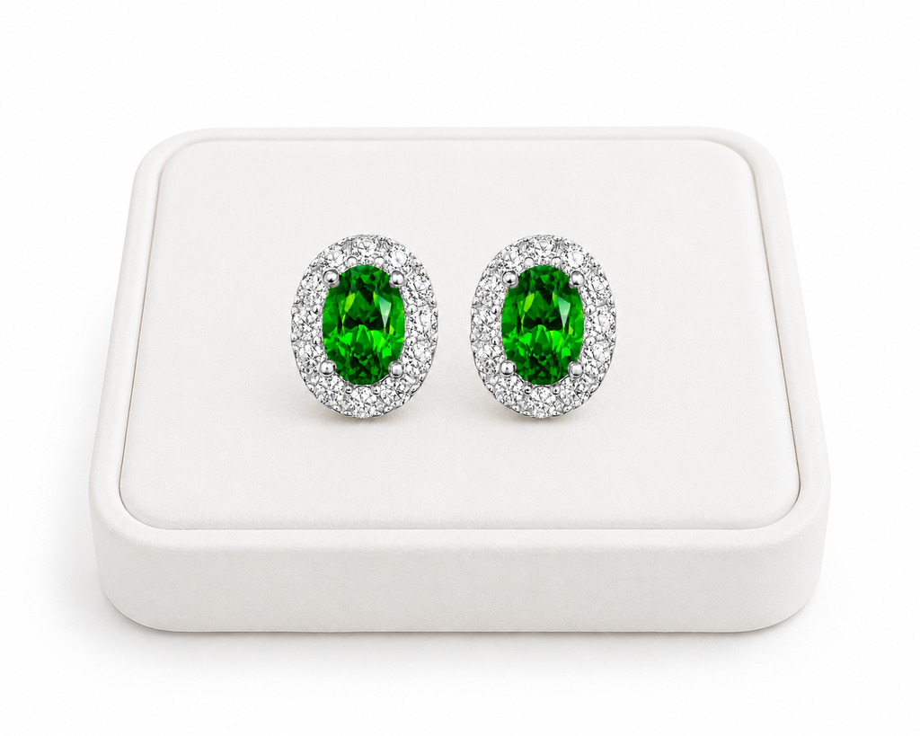 Natural 4x6mm oval chrome diopside halo stud earrings in 925 sterling silver