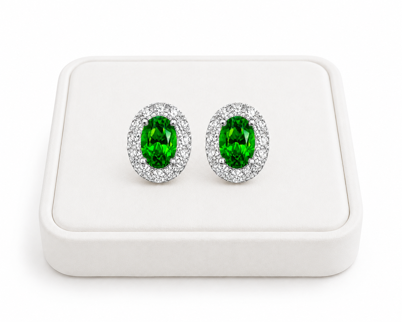 Natural 4x6mm oval chrome diopside halo stud earrings in 925 sterling silver
