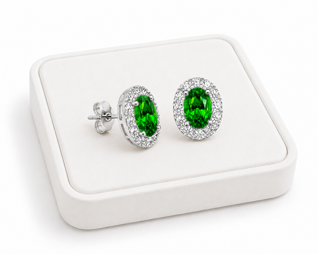 Natural 4x6mm oval chrome diopside halo stud earrings in 925 sterling silver