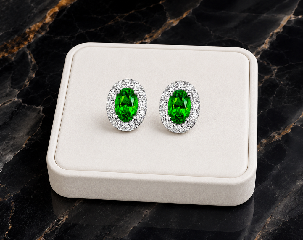 Natural 4x6mm oval chrome diopside halo stud earrings in 925 sterling silver