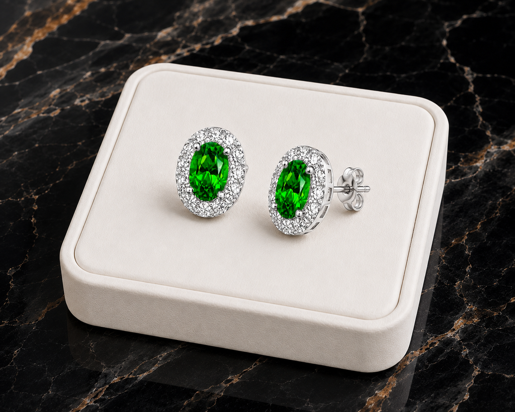 Natural 4x6mm oval chrome diopside halo stud earrings in 925 sterling silver