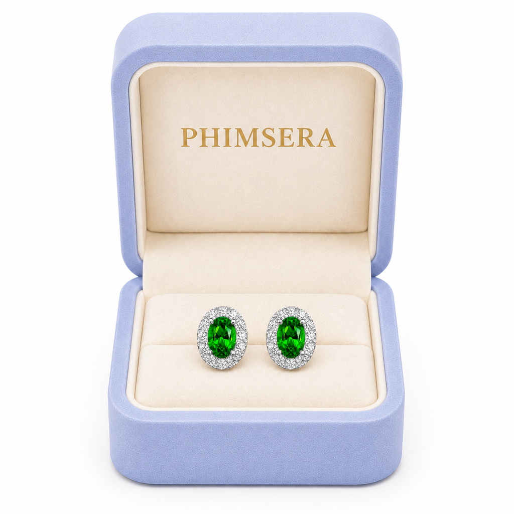 Natural 4x6mm oval chrome diopside halo stud earrings in 925 sterling silver