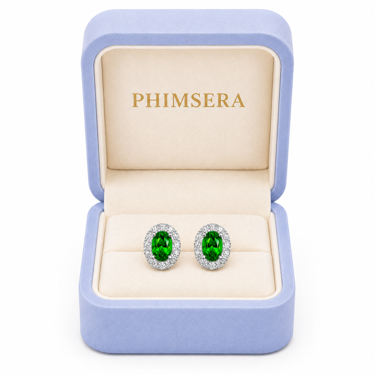 Natural 4x6mm oval chrome diopside halo stud earrings in 925 sterling silver