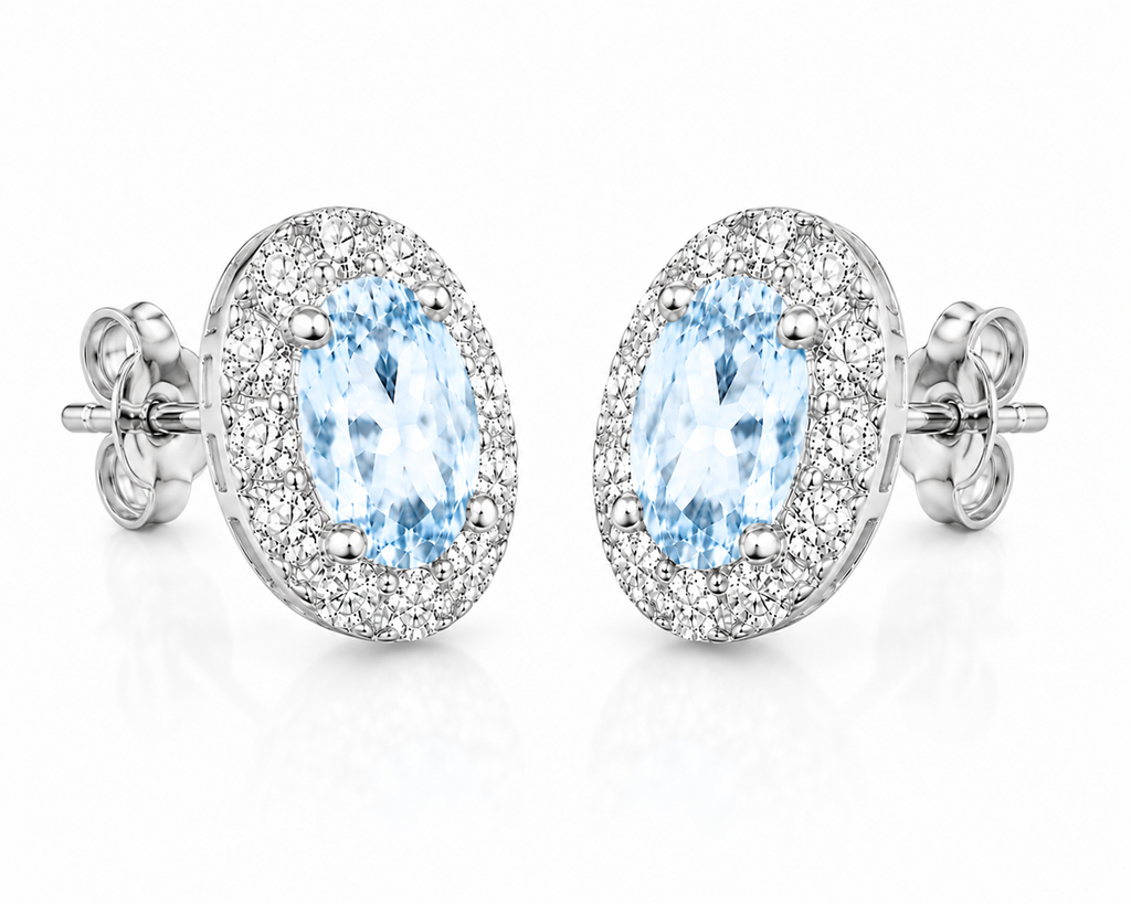 Natural Sky Blue Topaz halo stud earrings side profile showing sterling silver posts