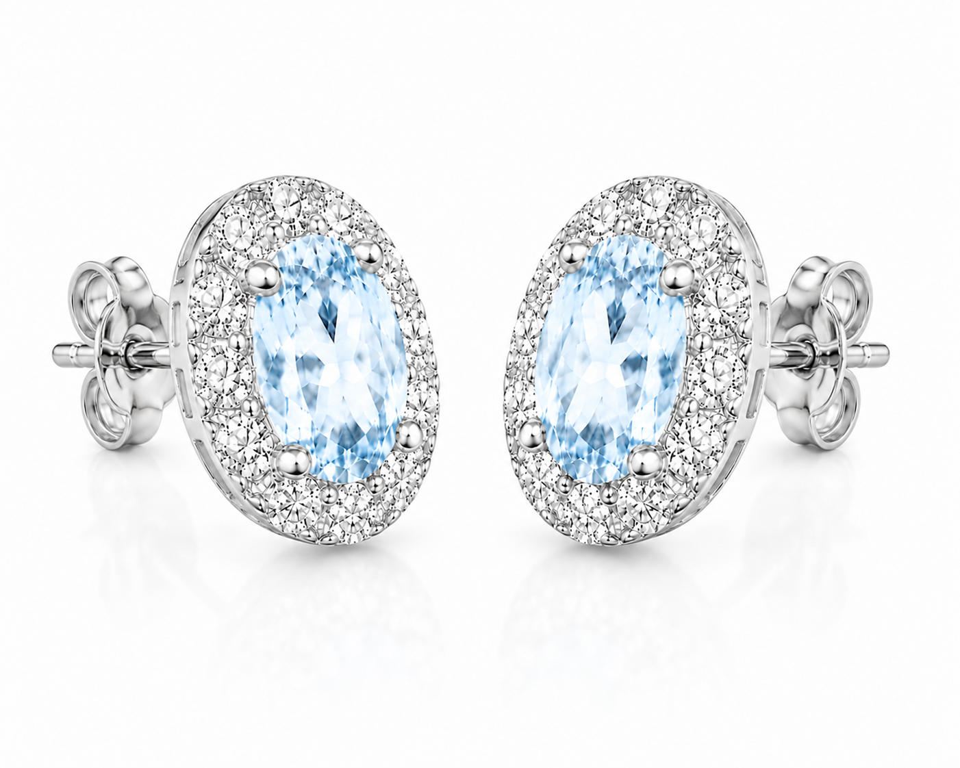 Natural Sky Blue Topaz halo stud earrings side profile showing sterling silver posts