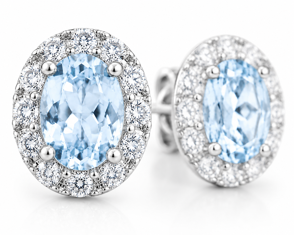 Macro close-up of natural 4x6mm Sky Blue Topaz oval gemstones with sparkling CZ halo
