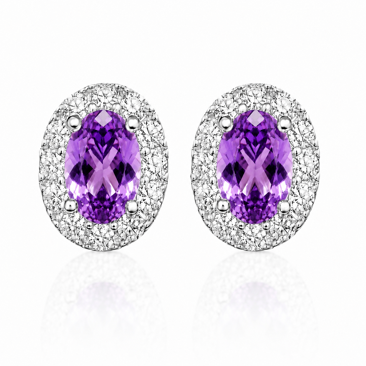 Natural 4x6mm oval amethyst halo stud earrings in 925 sterling silver front view