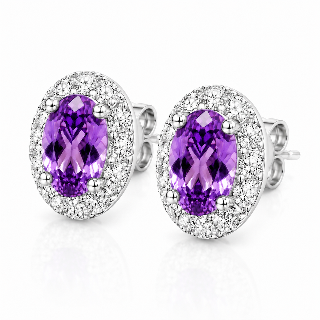 Natural amethyst 4x6mm oval halo earrings shown at a 45 degree angle