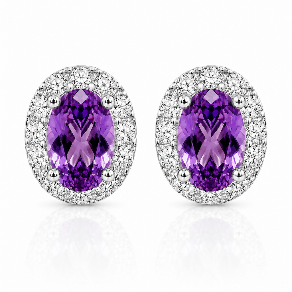 Oval natural amethyst halo stud earrings in sterling silver top view