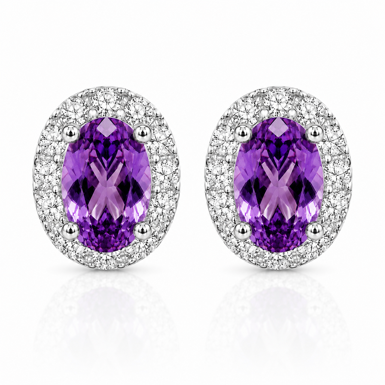 Oval natural amethyst halo stud earrings in sterling silver top view