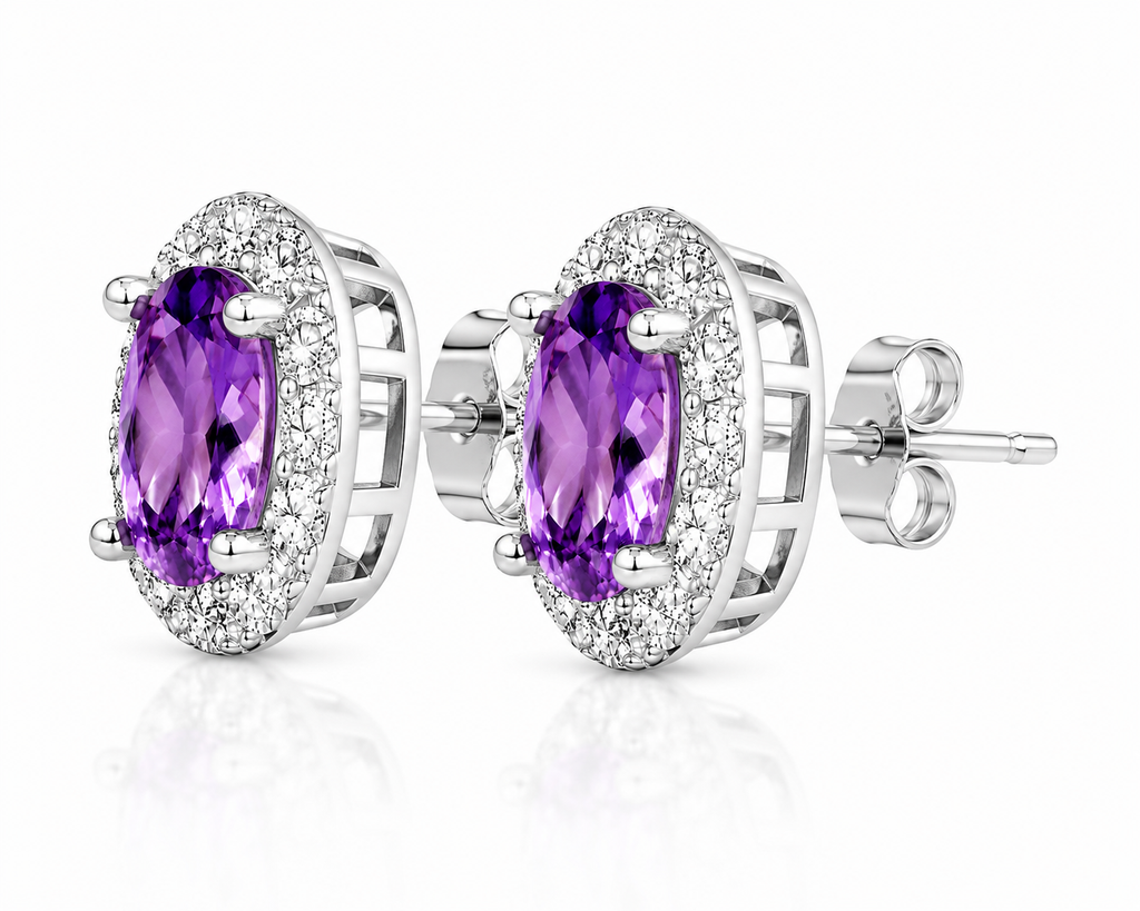 Natural 4x6mm amethyst stud earrings side profile showing halo setting