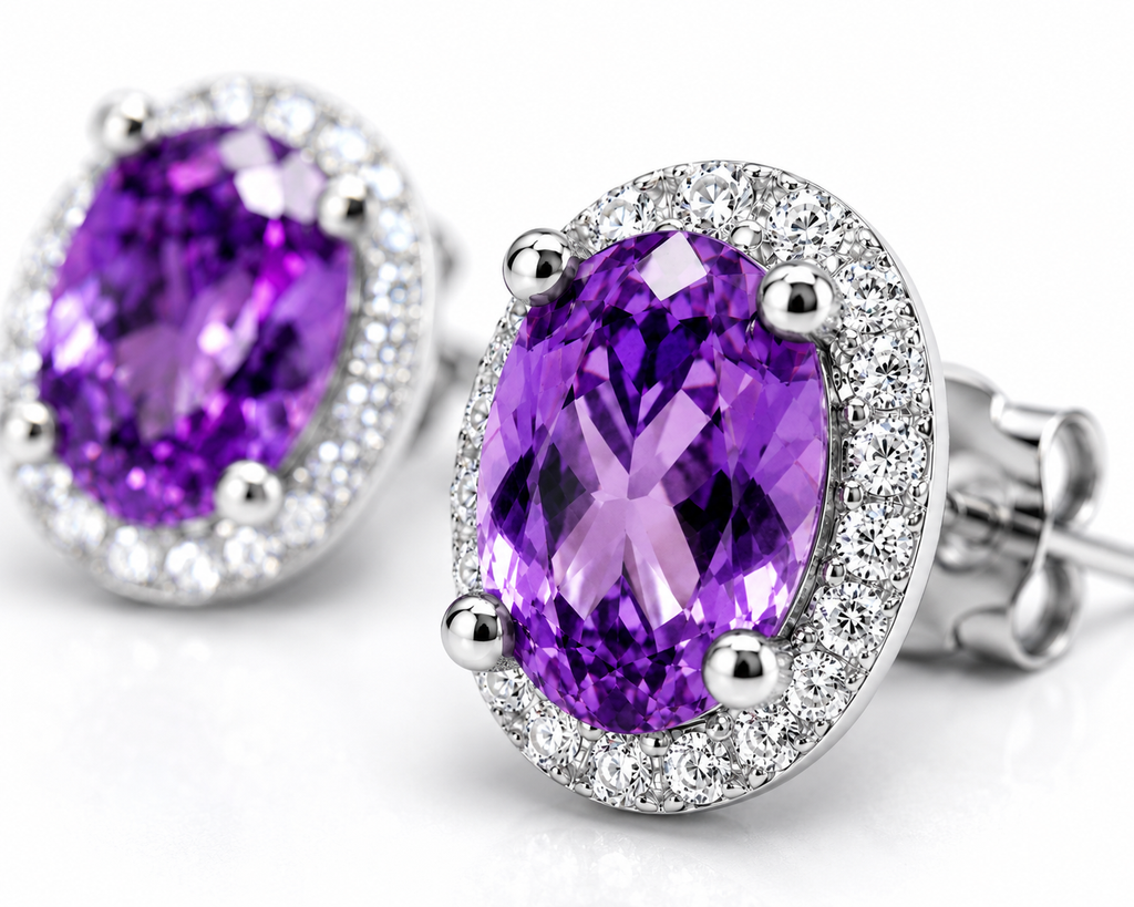 Macro close-up of natural purple amethyst halo stud earrings with CZ accents