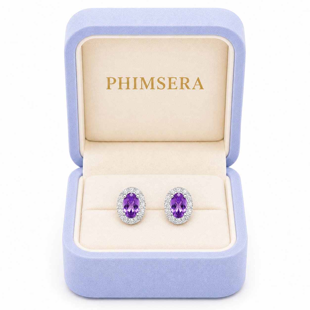 Natural amethyst halo stud earrings presented in a Phimsera jewelry gift box