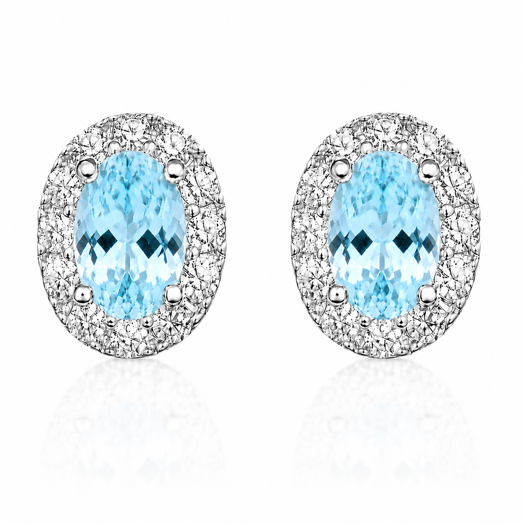 Natural 4x6mm oval aquamarine halo stud earrings in 925 sterling silver