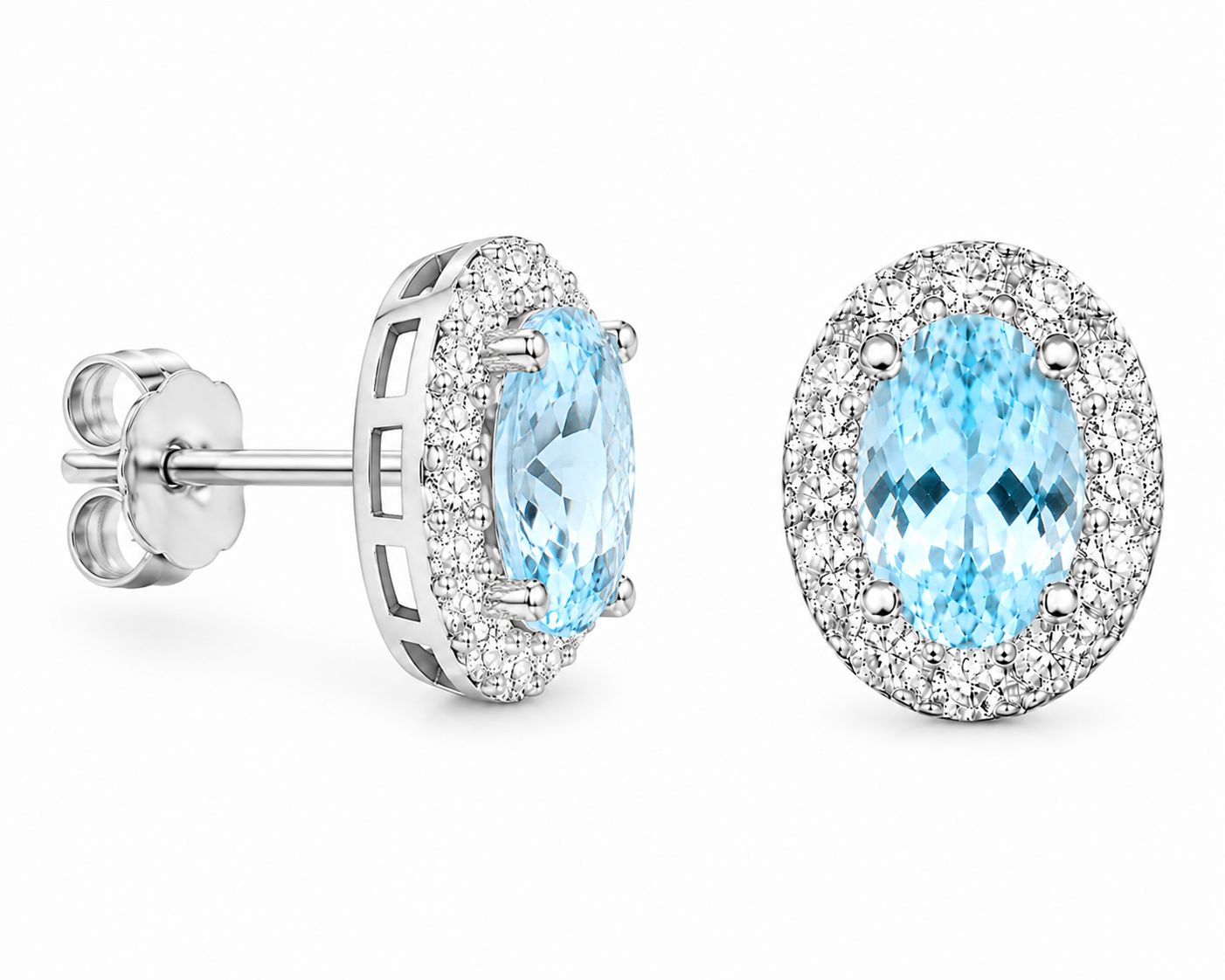 Side profile of 4x6mm aquamarine stud earrings showing the halo setting and earring construction
