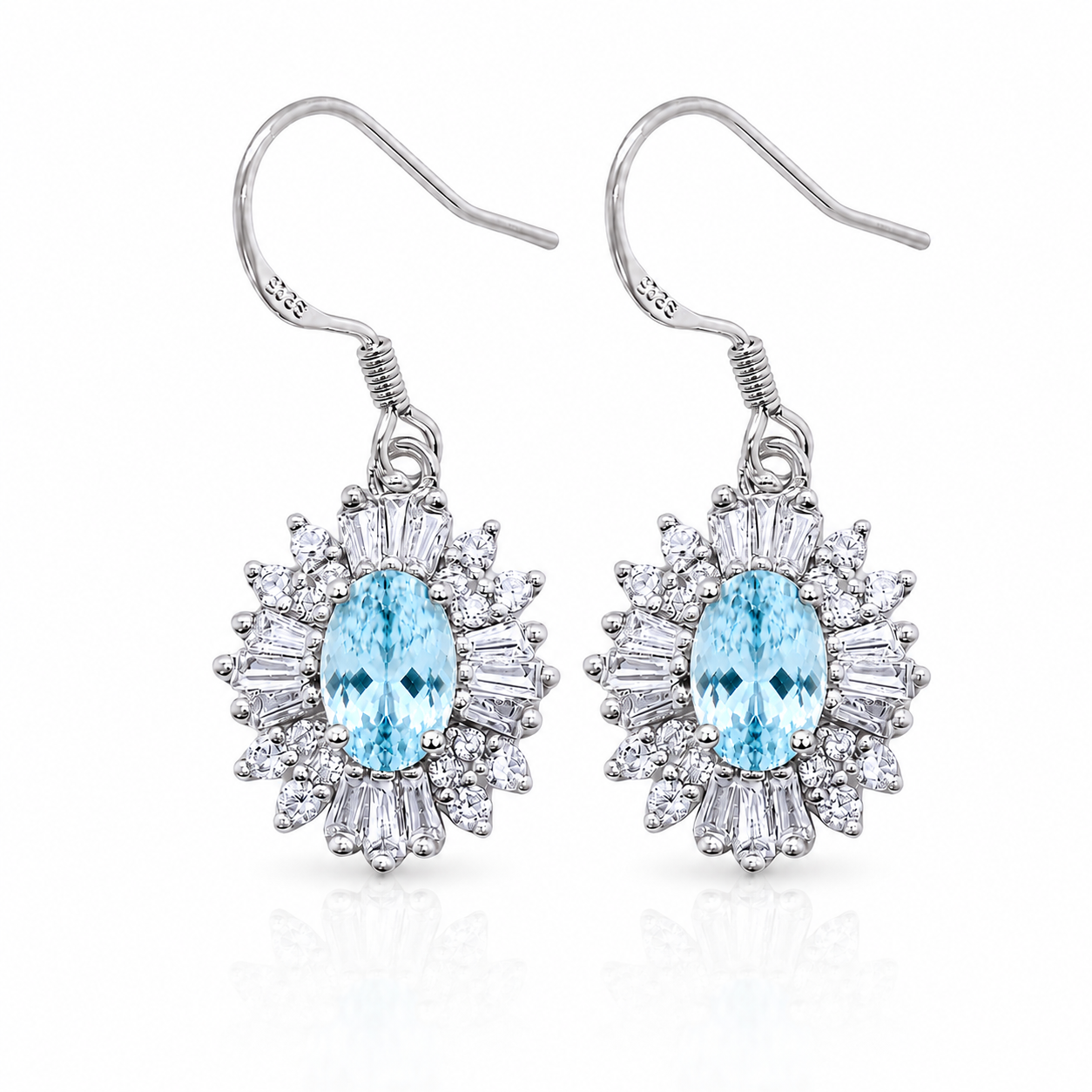 Natural 4x6mm oval aquamarine dangle earrings with CZ halo in 925 sterling silver front view