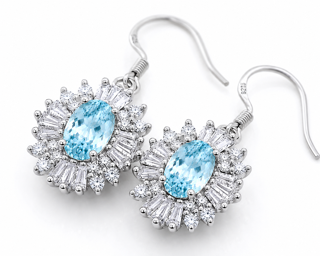 Natural Aquamarine Dangle Earrings 4x6mm Sterling Silver March Birthstone