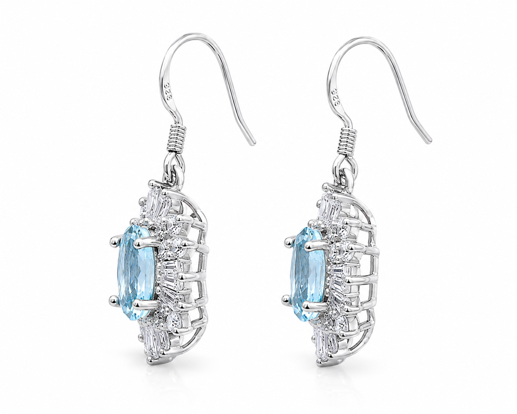 Natural aquamarine dangle earrings in 925 sterling silver shown from side profile