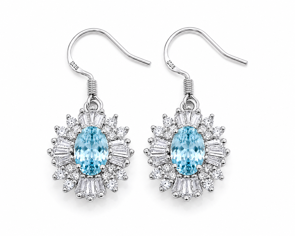 4x6mm oval aquamarine drop earrings with sparkling cubic zirconia accents top view