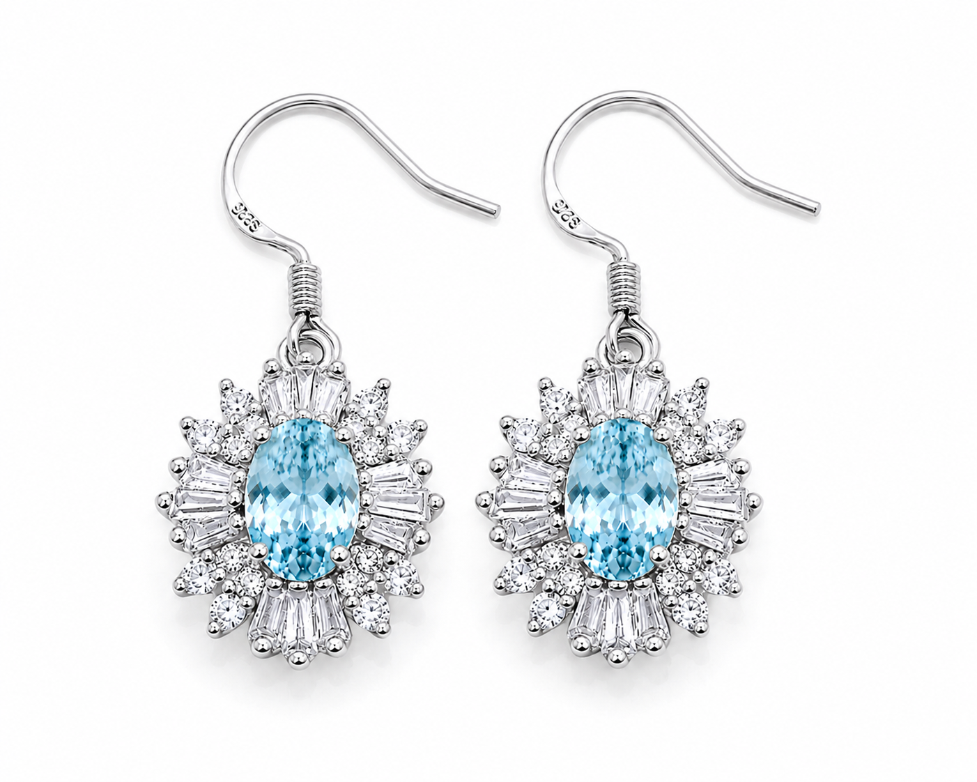 4x6mm oval aquamarine drop earrings with sparkling cubic zirconia accents top view