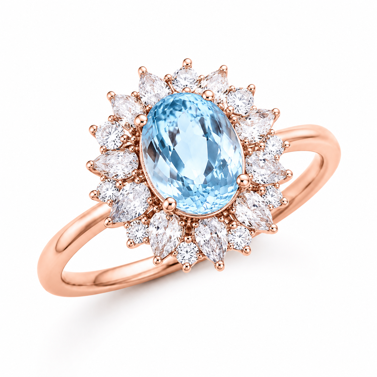 7x9mm natural oval aquamarine ring shown at 45 degree angle