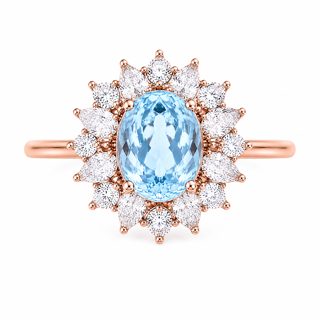 Top view of natural aquamarine March birthstone ring with 7x9mm oval gemstone