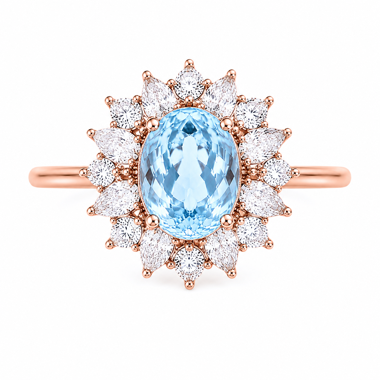 Top view of natural aquamarine March birthstone ring with 7x9mm oval gemstone