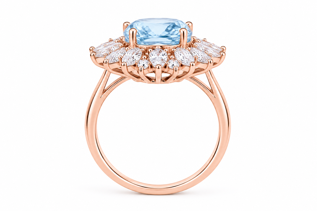 Side profile of 7x9mm natural aquamarine gemstone ring in sterling silver