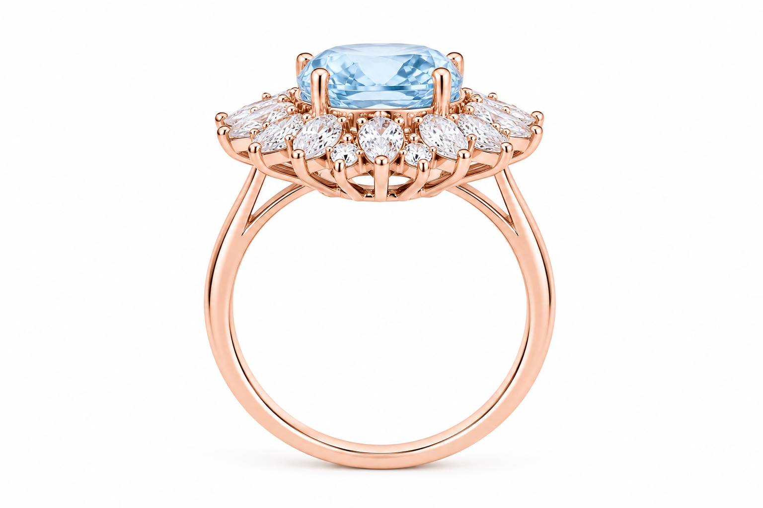 Side profile of 7x9mm natural aquamarine gemstone ring in sterling silver