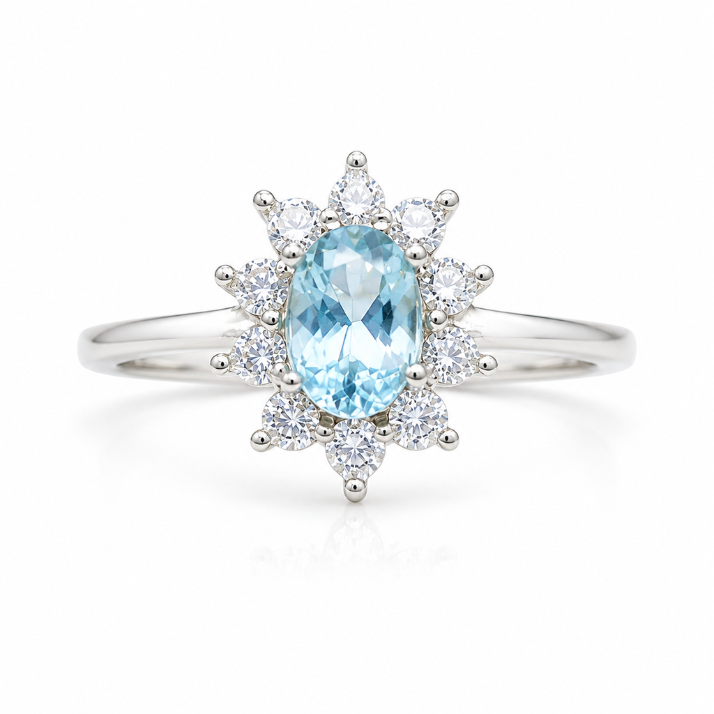 Natural 4x6mm oval aquamarine floral ring with sparkling cubic zirconia cluster accents