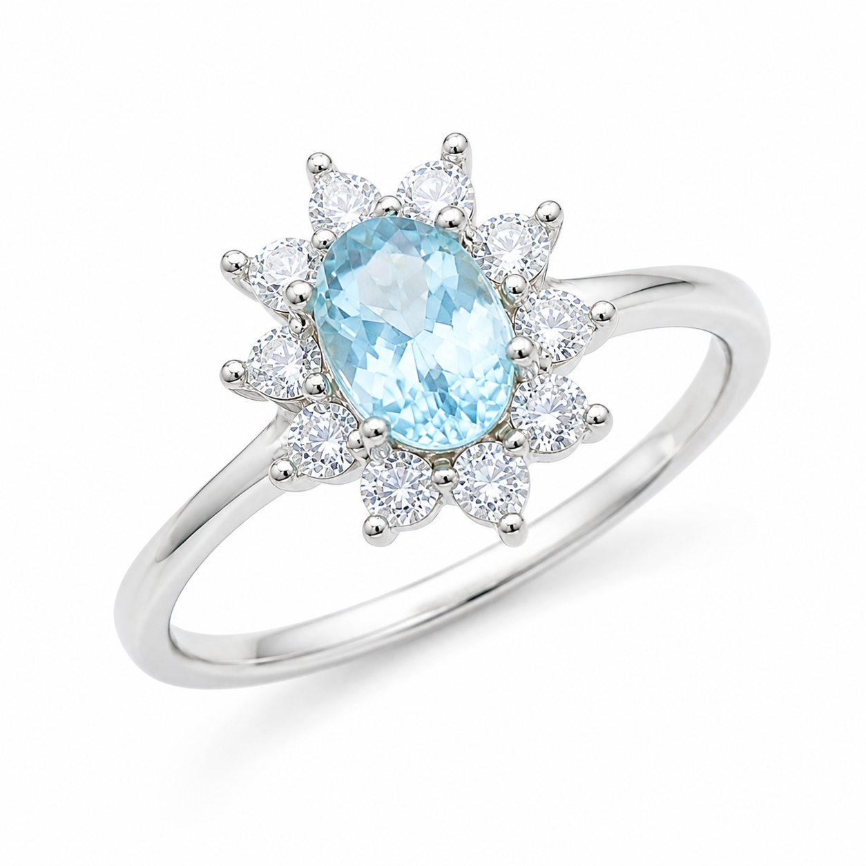 Natural aquamarine floral ring with 4x6mm oval March birthstone shown at 45 degree angle