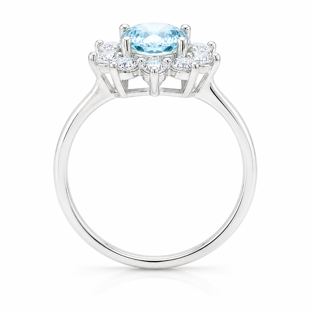 Side profile of natural aquamarine floral cluster ring in 925 sterling silver