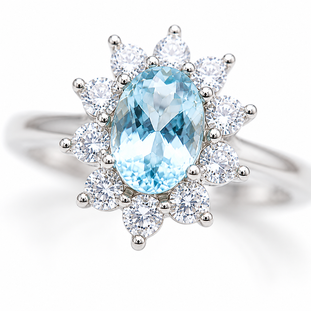 Macro close-up of natural 4x6mm oval aquamarine gemstone with sparkling floral accents