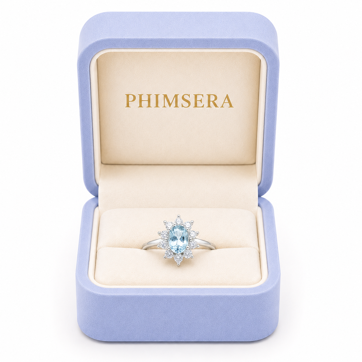 Natural aquamarine floral March birthstone ring displayed in luxury jewelry gift box