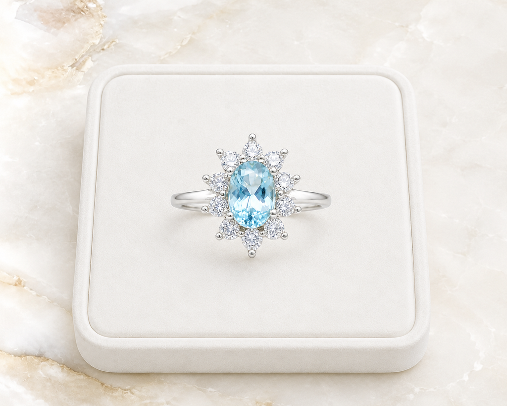 Natural 4x6mm oval aquamarine floral ring with sparkling cubic zirconia cluster accents