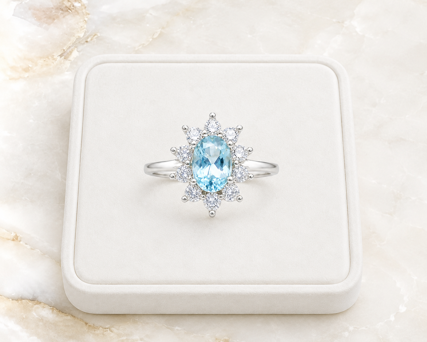 Natural 4x6mm oval aquamarine floral ring with sparkling cubic zirconia cluster accents