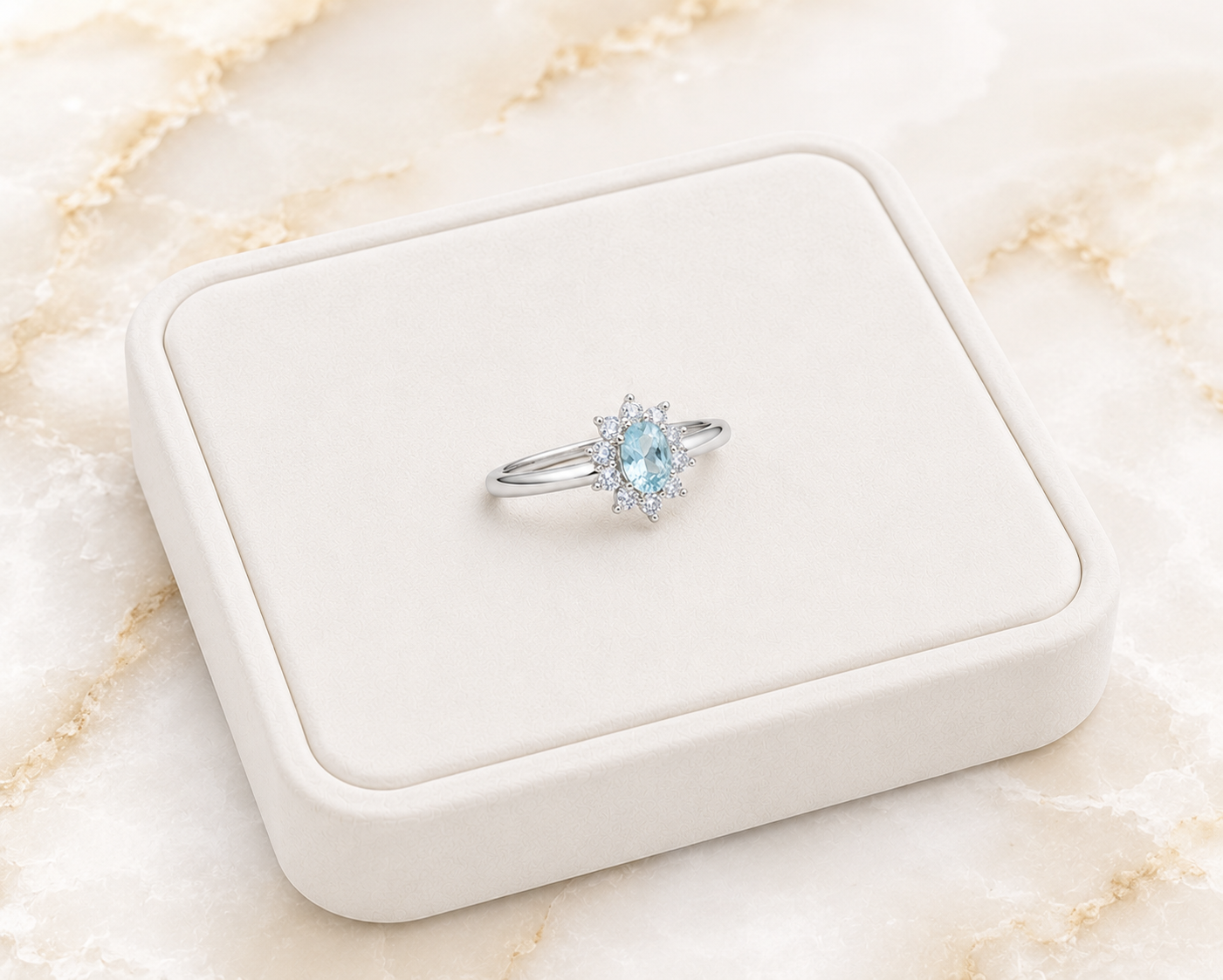 Natural 4x6mm oval aquamarine floral ring with sparkling cubic zirconia cluster accents
