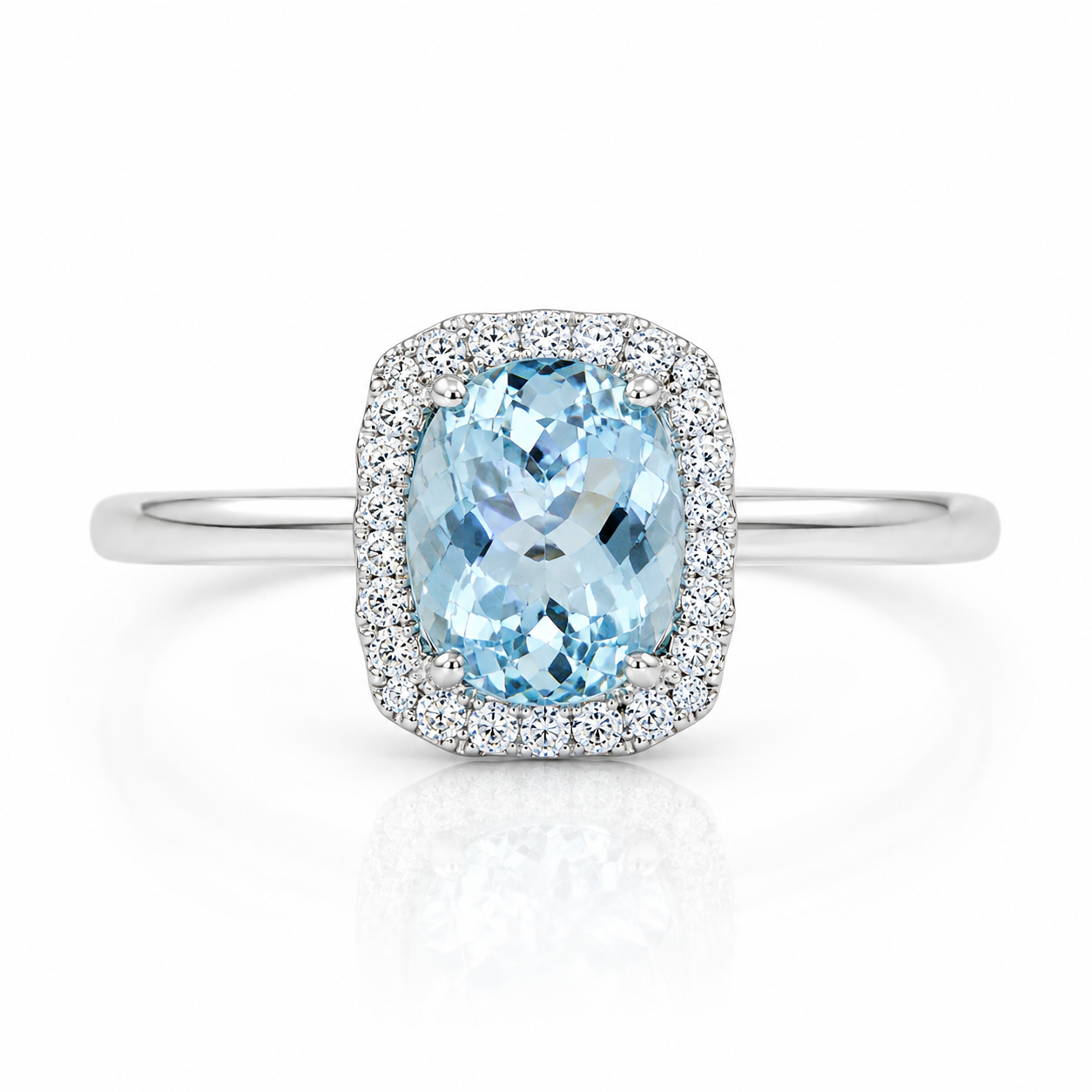 Natural aquamarine halo ring with 8.5x9.5mm gemstone and cubic zirconia accents