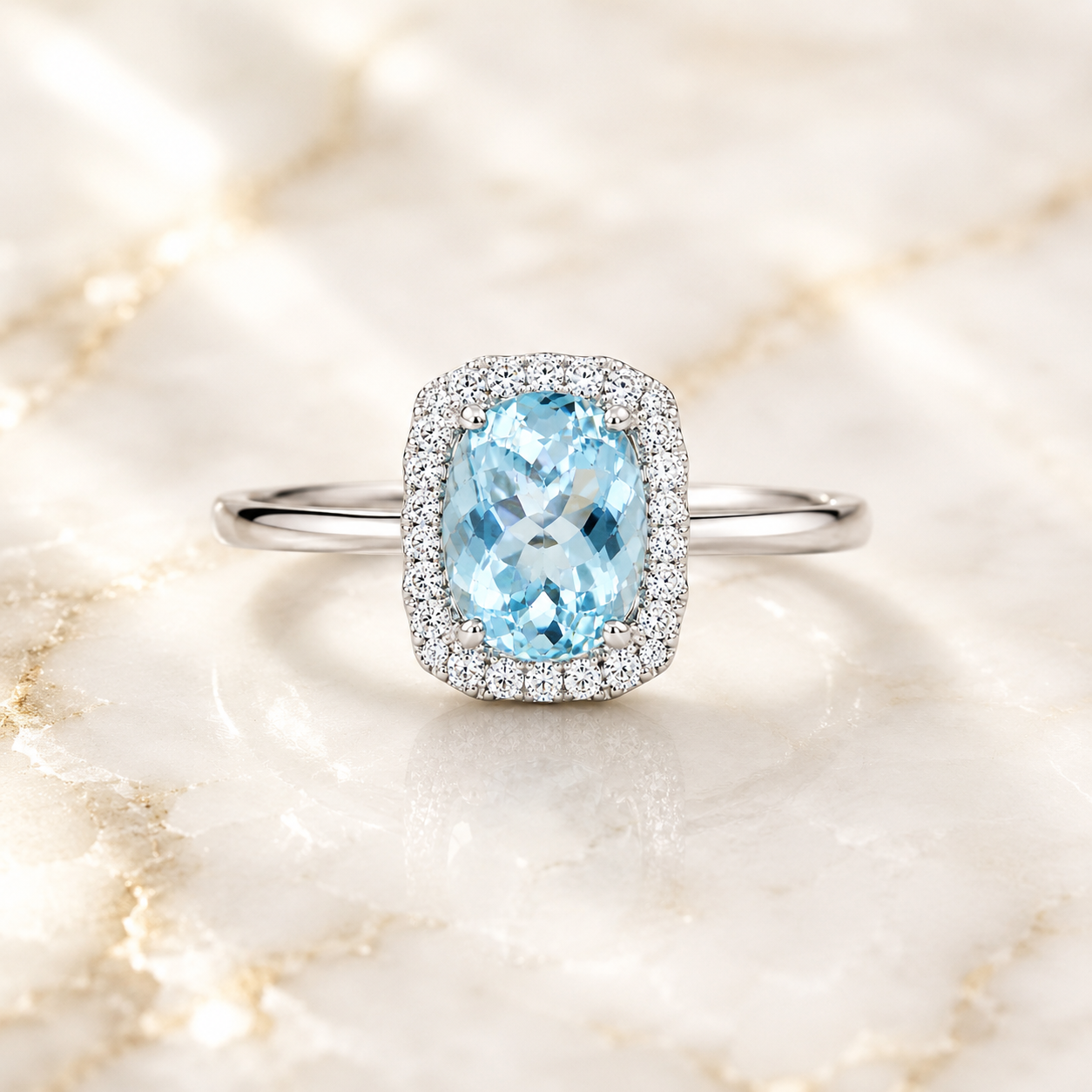 Natural aquamarine halo ring with 8.5x9.5mm gemstone and cubic zirconia accents