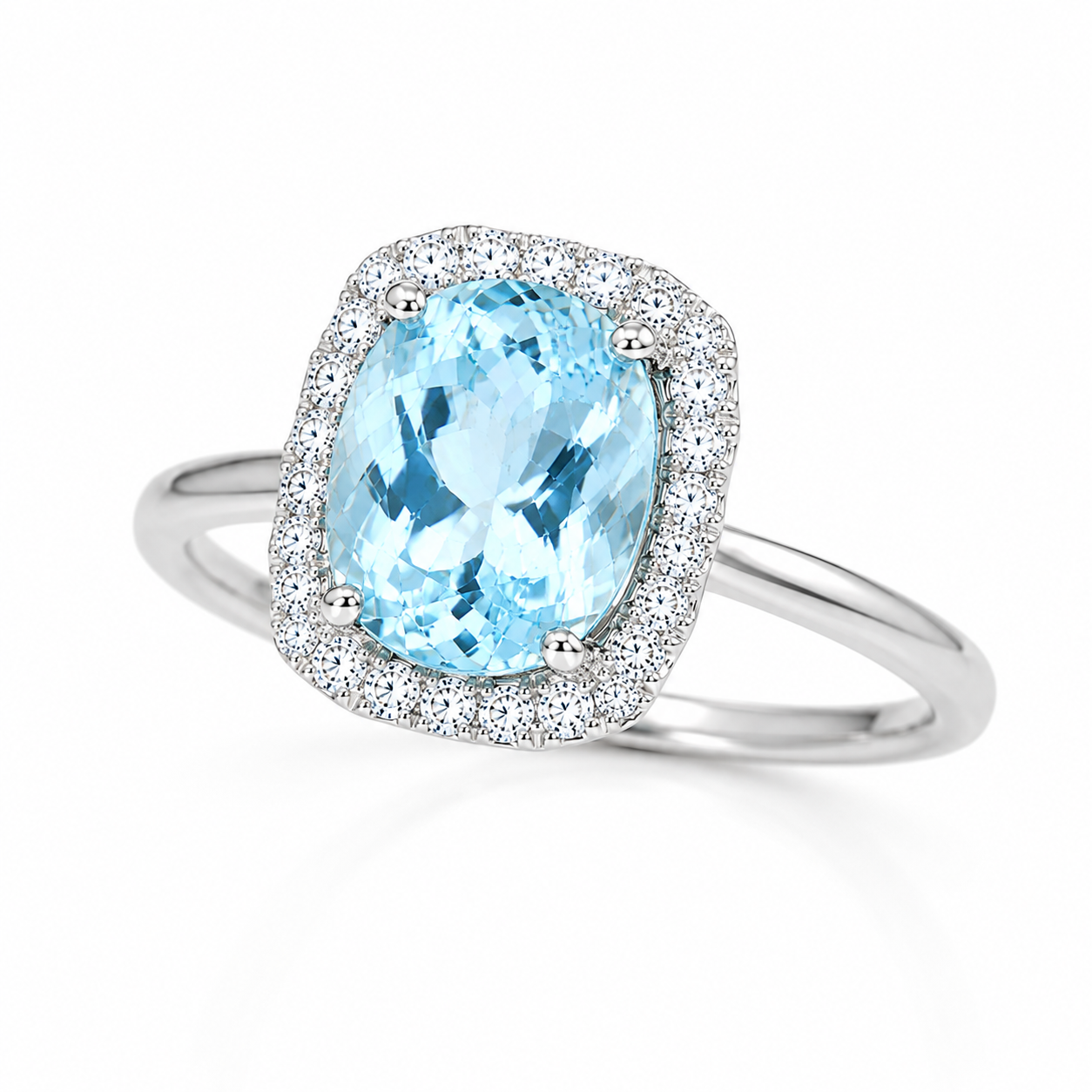 8.5x9.5mm natural aquamarine March birthstone ring shown at 45 degree angle